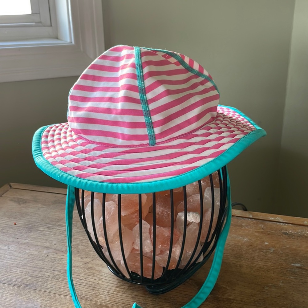 VGUC 3-12M sunblock swim hat, pink and white stripes